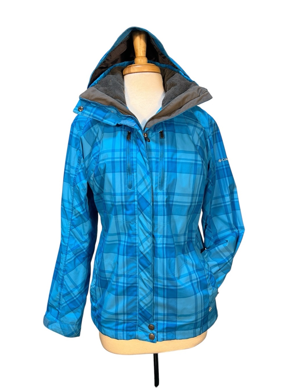 Columbia Women's Blue Plaid Hooded Ski Jacket Size L